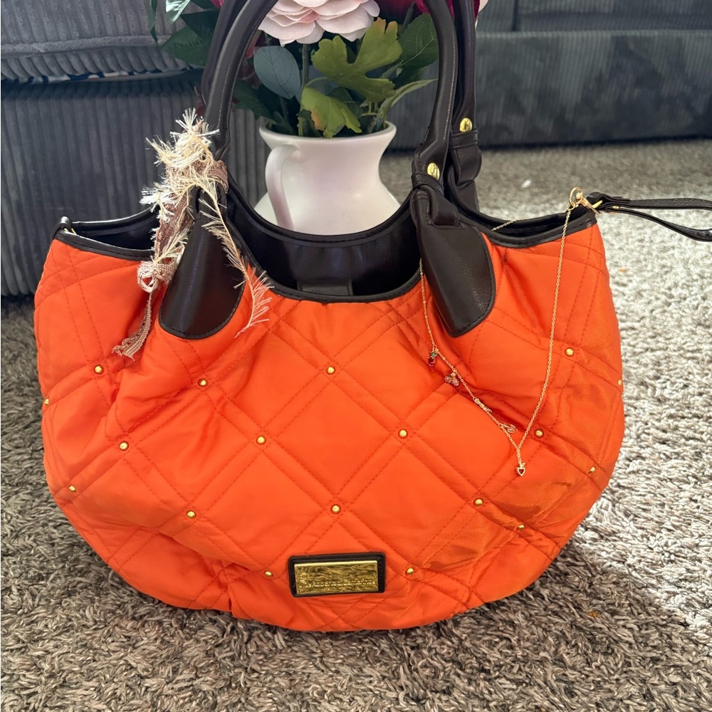 Roberta di Camerino Orange Quilted Shoulder Bag with Dark Brown Trim